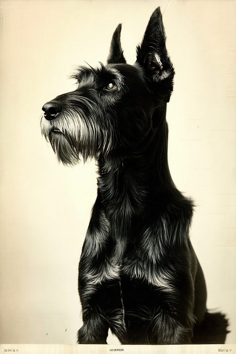 vintage magazine style. A professional high quality portrait of a black dog. The photo is taken in a professional enviropm...