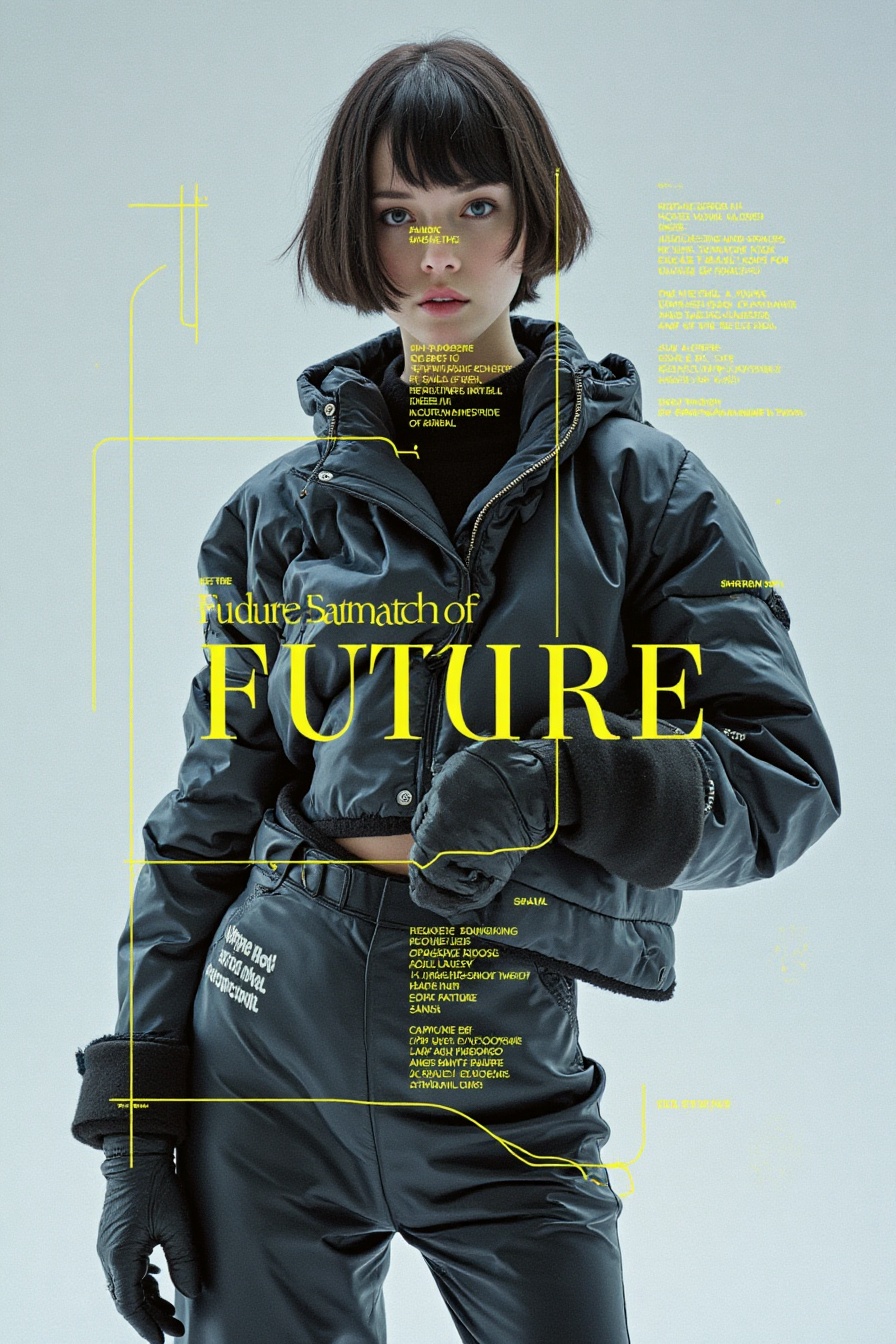 bbrs,  golden black text 'FUTURE',  futuristic editorial photoshoot with short hair female model on Tensor.Art