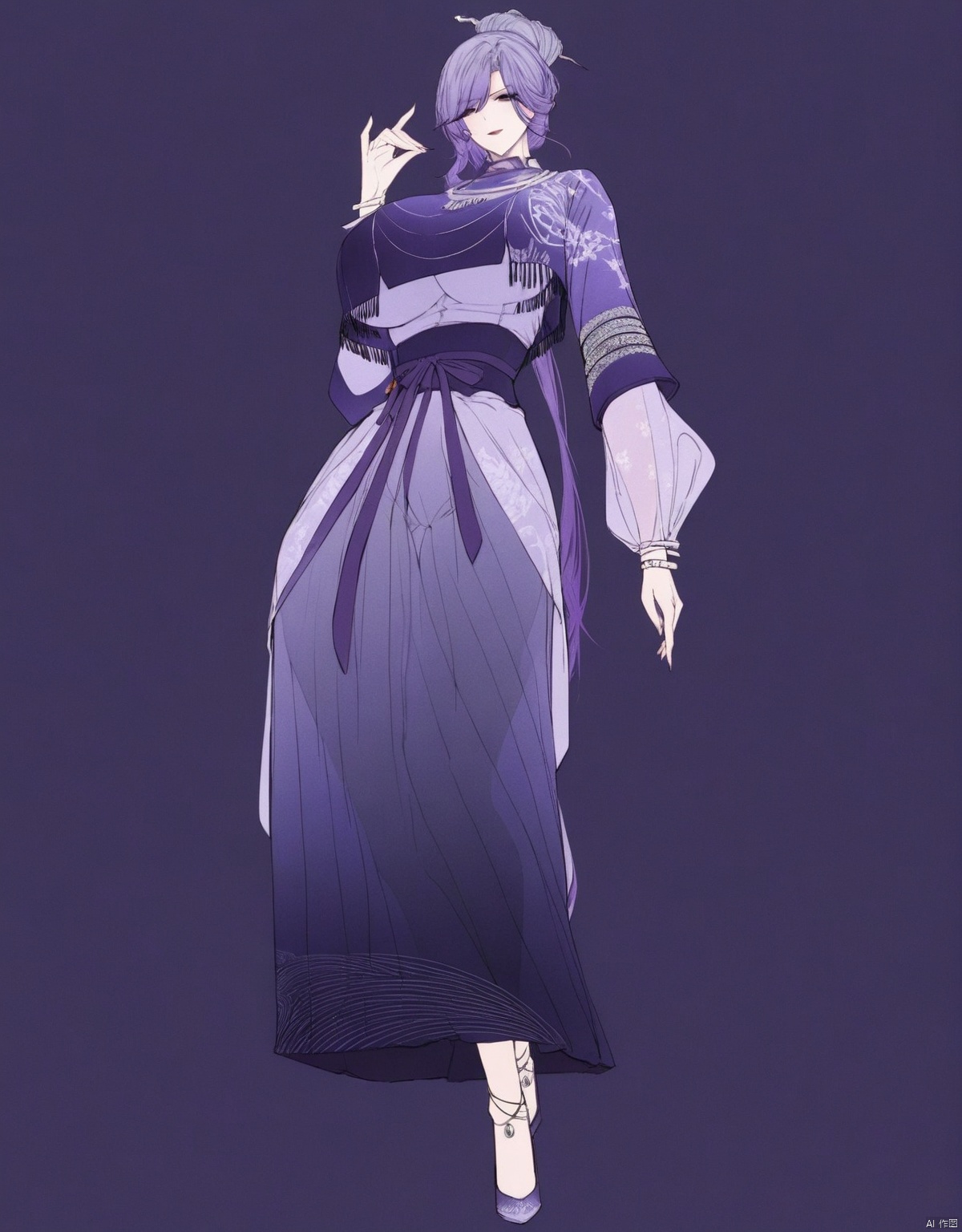 solo,highly detailed,(best quality),((masterpiece)),1girl,simple background,looking at viewer,an,full body,purple hair,large breasts,long sleeves,necklace,bracelet,silver jewelry,updo, 