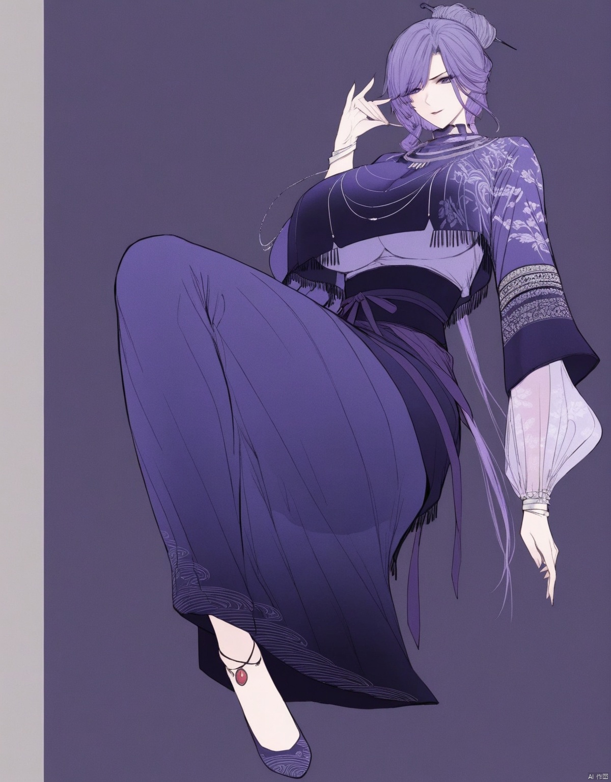 solo,highly detailed,(best quality),((masterpiece)),1girl,simple background,looking at viewer,an,full body,purple hair,large breasts,long sleeves,(sitting),necklace,bracelet,silver jewelry,updo, 