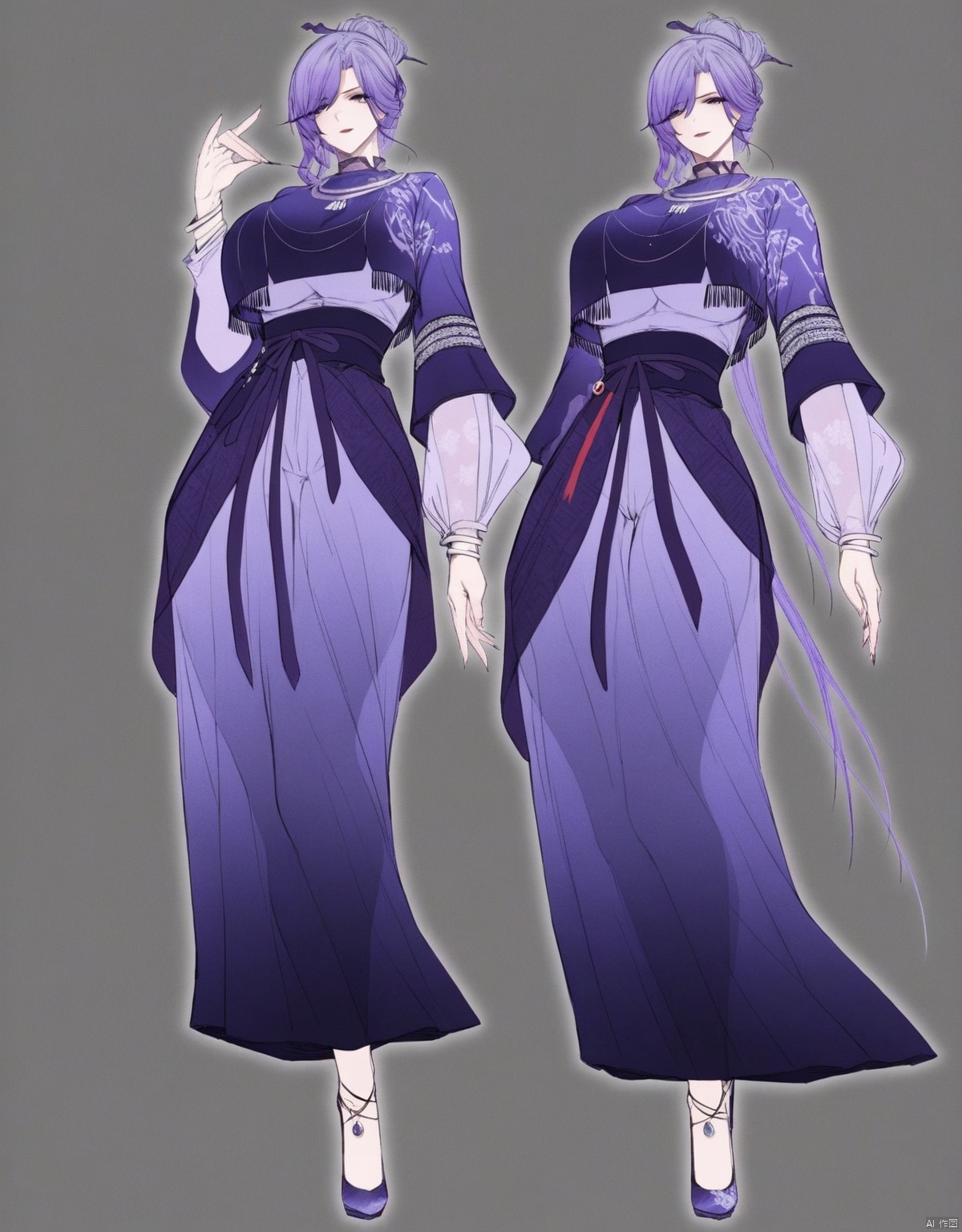 solo,highly detailed,(best quality),((masterpiece)),1girl,simple background,looking at viewer,an,full body,purple hair,large breasts,long sleeves,necklace,bracelet,silver jewelry,updo, 