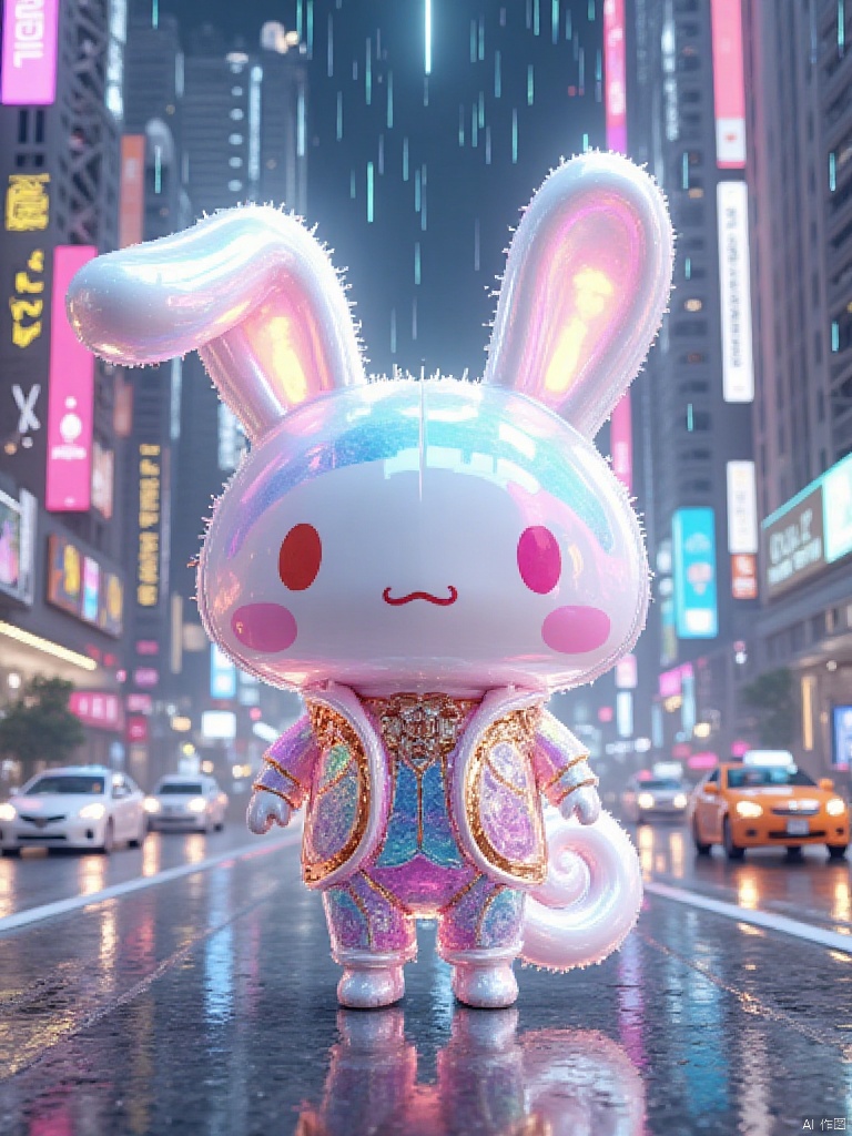 Chibi cinnamoroll, wearing transparent colored clothing, dressed in prismatic holographic PVC outfit, with chromatic aberration effect, fashion illustration, masterpiece, Harajuku-style cinnamoroll looking at the viewer, 8K resolution, ultra-detailed, gradient, hairflying cars, neon-lit cyberpunk cityscape, futuristic skyscrapers, glowing billboards,  digital rain, vibrant street art.,