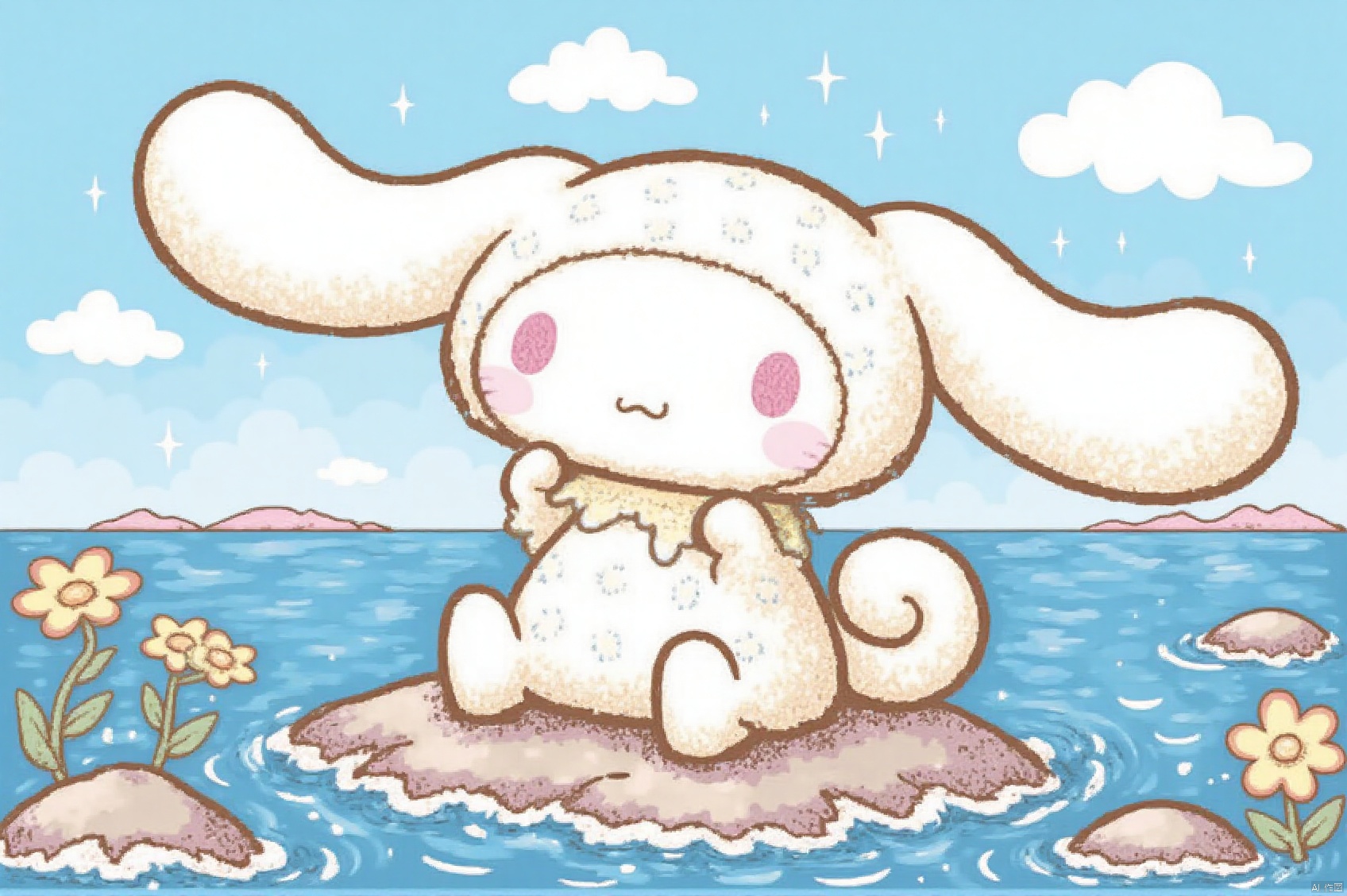 cinnamoroll sitting on a rocky outcropping amidst a serene bay, with gentle waves lapping at her paws. A soft white cloud drifts lazily across the sky, contrasting with the vibrant yellow of the nearby flowers. The warm sunlight casts a golden glow on Hello Kitty's adorable face and sparkles on the water's surface.,