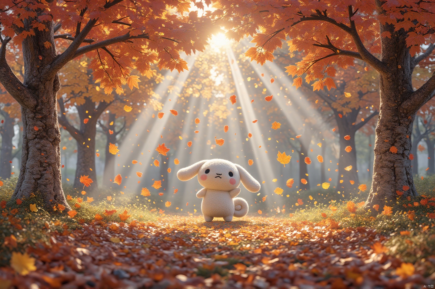 Cinnamoroll is under a maple tree,A serene scene unfolds beneath a majestic maple tree, its vibrant orange and red leaves rustling in the gentle breeze. The camera captures a intimate framing of the scene, focusing on a narrow path winding through the fallen foliage. Soft, warm lighting casts a cozy glow, as if the autumn sun is peeking through the branches. A few leaves float effortlessly down the path, creating a sense of tranquility and inviting the viewer to step into this peaceful atmosphere.8k, CG,best quality,HDR,UHD,camera uses 35mm f/2.0 wide-angle lens, uses 35mm f/2.0 wide-angle lens