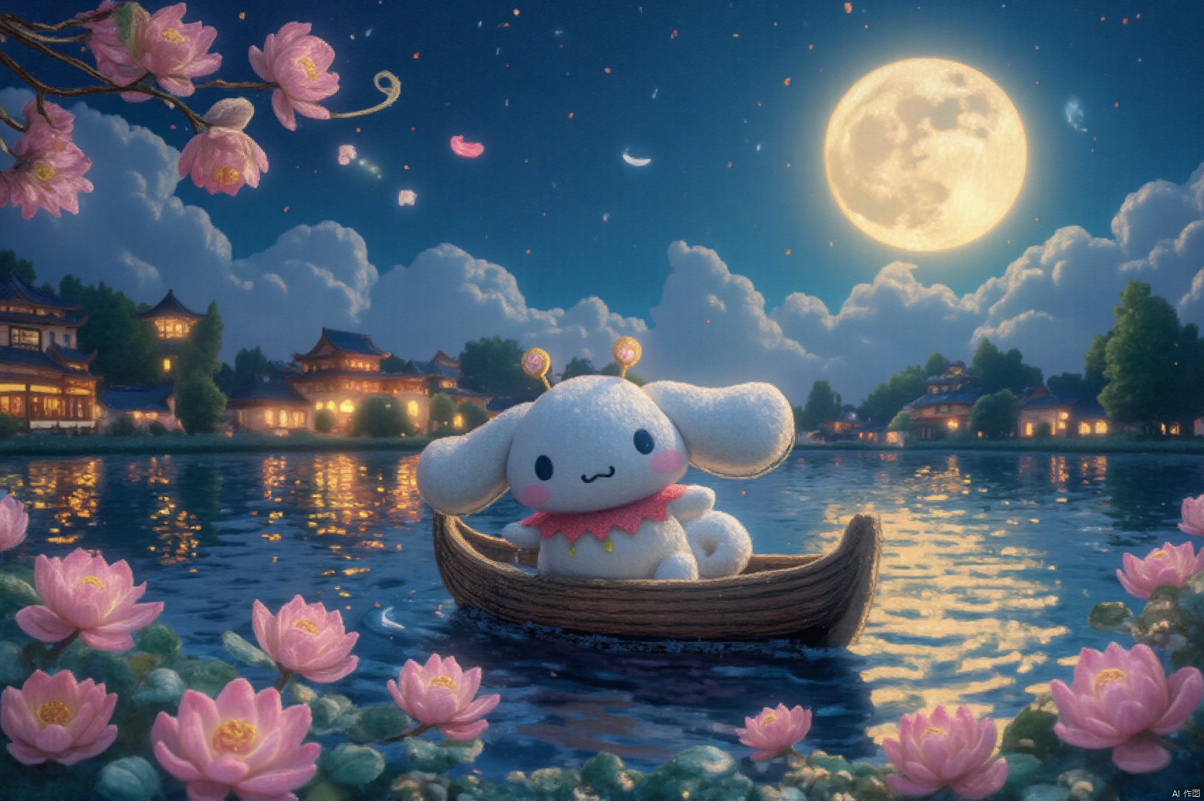 Felt style,a cute cartoon cinnamoroll in a chinese wooden boat on the lake, with a giant glowing moon on the boat. Lotus flowers and golden Osmanthus flowers around the lake,chinese buildings and clouds in the background.Playful character design, 3D Cartoon style, miniature scene ,8k, CG,best quality,HDR,UHD,camera uses 35mm f/2.0 wide-angle lens, uses 35mm f/2.0 wide-angle lens,oil painting,OByouhua