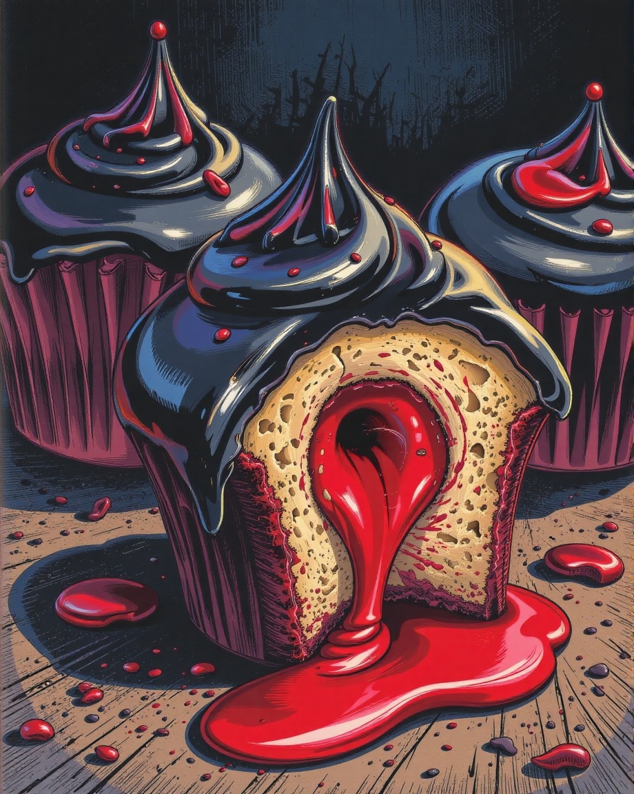 illustration Glossy black mirror-glazed cupcakes with blood-red centers that ooze when bitten
,Adrr-hlwn,Halloween2024