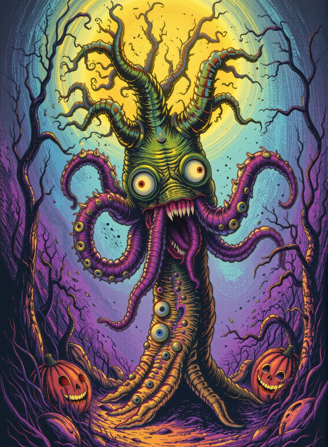illustration Halloween,  a scary multi-eyed, tentacled creature resembling a tree
Adrr-hlwn,Halloween