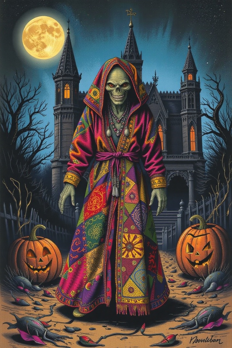 alien creature in a Yoruba patterned tent-like garb, colorful patchwork with gold embroidery, beads, and intricate adrr-zllj.. the background is a haunted mansion,  ,Adrr-hlwn,Halloween2024,