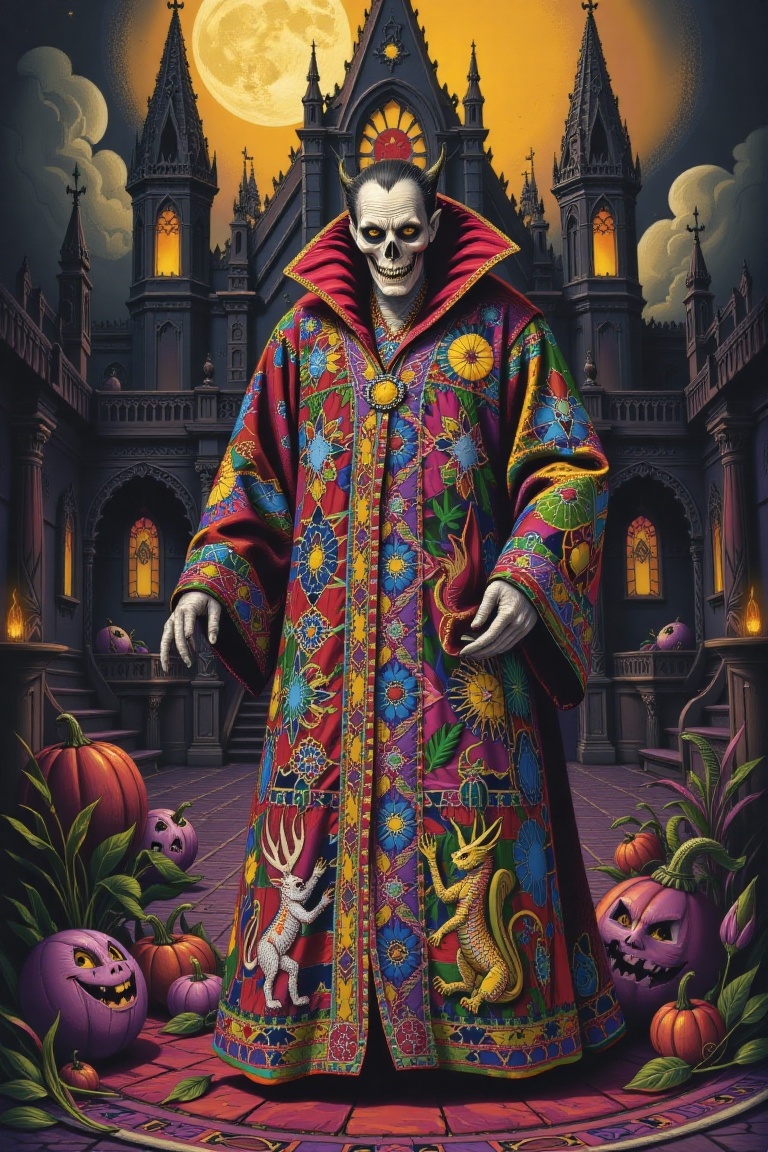 dracula in a Voodoo ritual robe with colorful patchwork, sequins, and beadwork, featuring sacred symbols and mythical creatures from Yoruba tradition. the background is a haunted mansion,  Made by adrr-zllj.,Adrr-hlwn,Halloween2024,Made of adrr-zllj