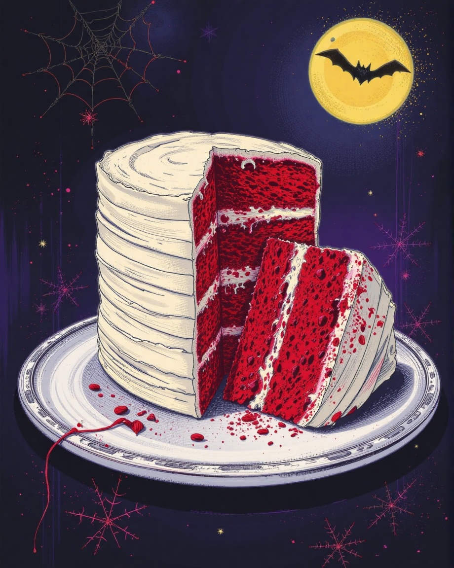 illustration Red velvet cake slices with white cream cheese "bandages" that reveal crimson layers beneath
,Adrr-hlwn,Halloween2024
