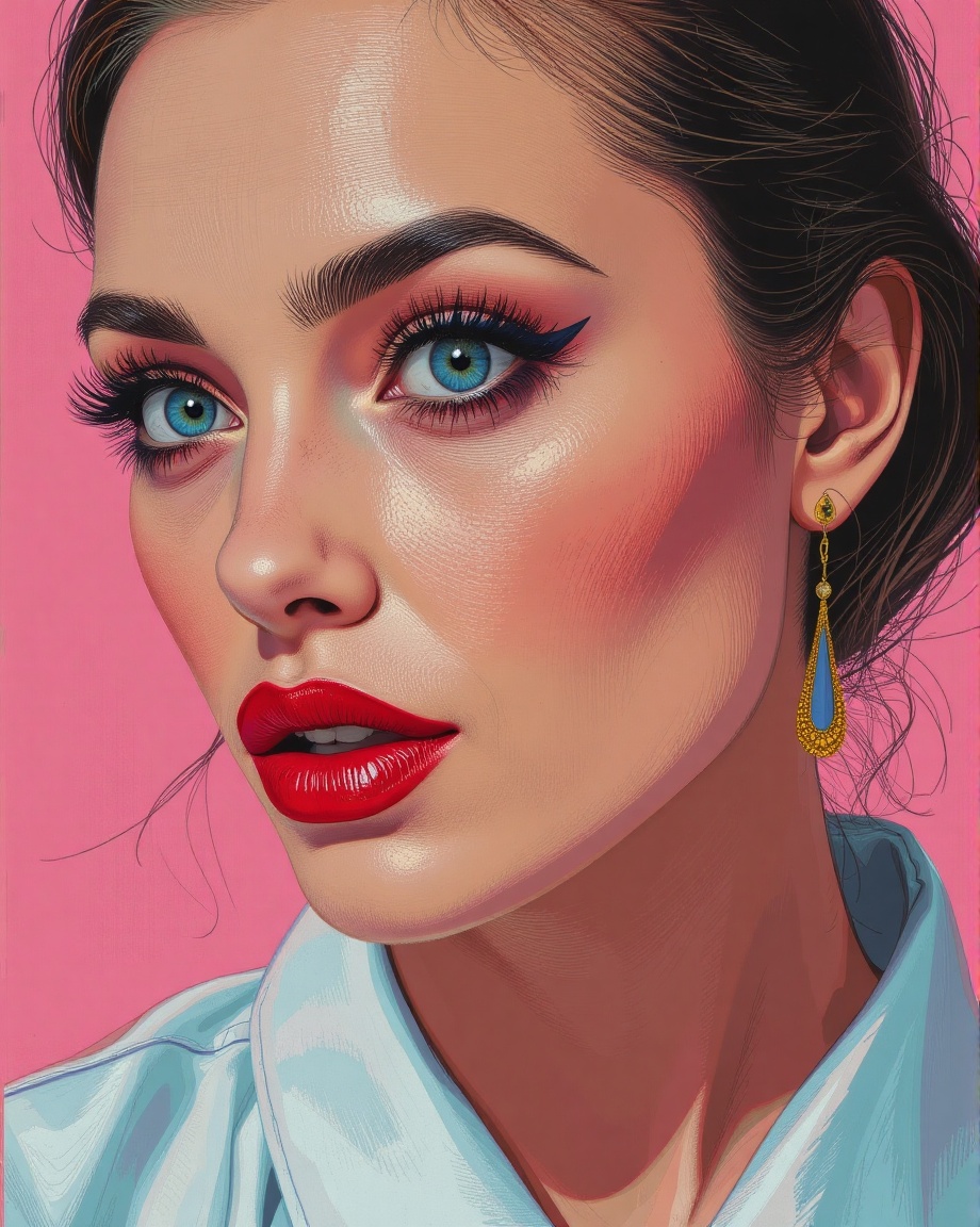 illustration of high detail, photo realism, natural skin texture, skin details, natural pores, pale and natural, professional photography of a russian girl, white blouse, makeup, eyeshadow, black eyelashes, pupils, bright pupils, heterochromia, sky blue eyes, bright red lipstick, (teardrop tattoo:1.2), gold jewelry, solid background, pastel colors,
