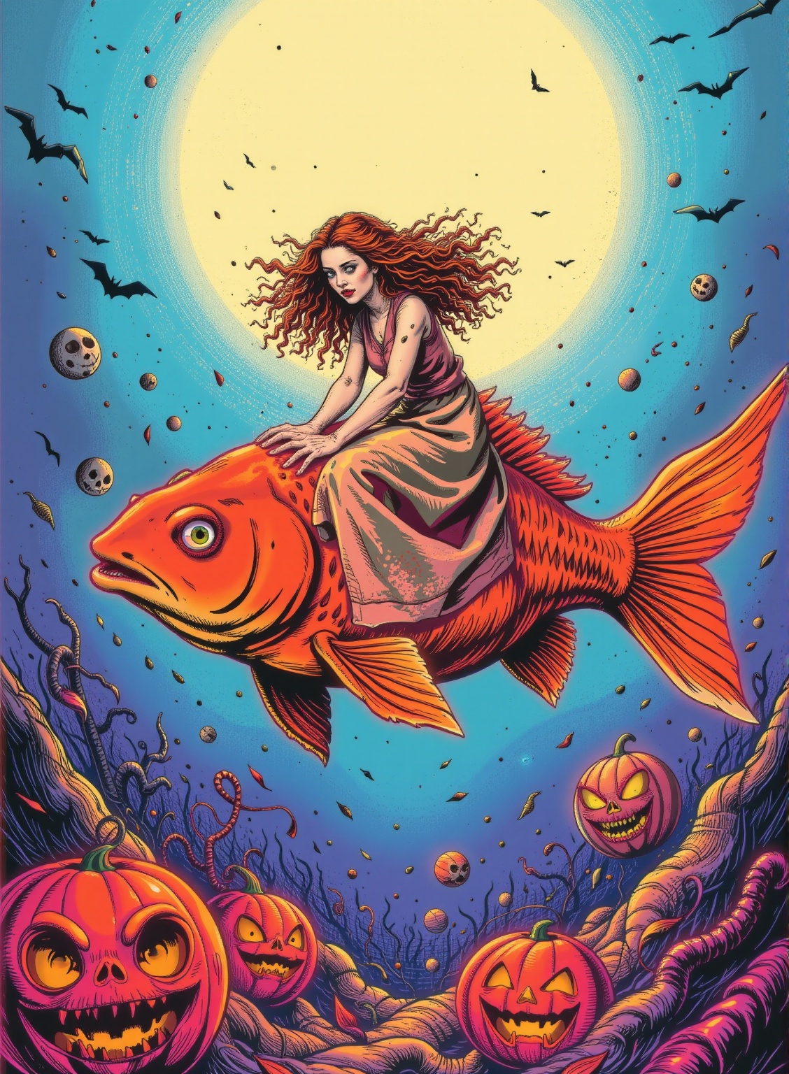 illustration Halloween,    a girl riding on a large goldfish, , Overdetailed art, hair light, Selective focus
scary horror horror art by Adrr-hlwn,Halloween,Halloween2024
