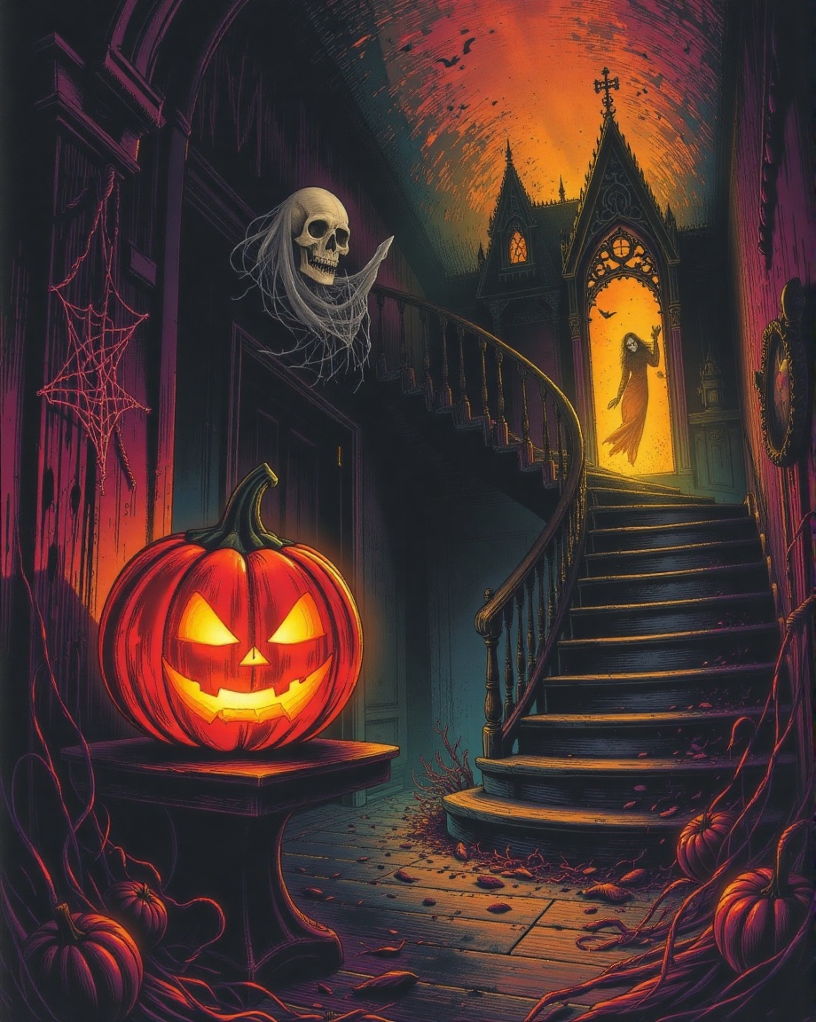 Titeled "Welcome Home" A warm, flickering glow emanates from the intricately carved glass jack-o'-lantern, casting eerie silhouettes on walls adorned with dusty cobwebs. The dimly lit interior of the haunted house is set aglow by the lantern's soft luminescence, illuminating every nook and cranny, including the grand staircase that spirals upward like a ghostly apparition. Rich autumnal hues swirl around the scene, evoking the sense of a dark and foreboding Halloween night.,Adrr-hlwn,Halloween2024
