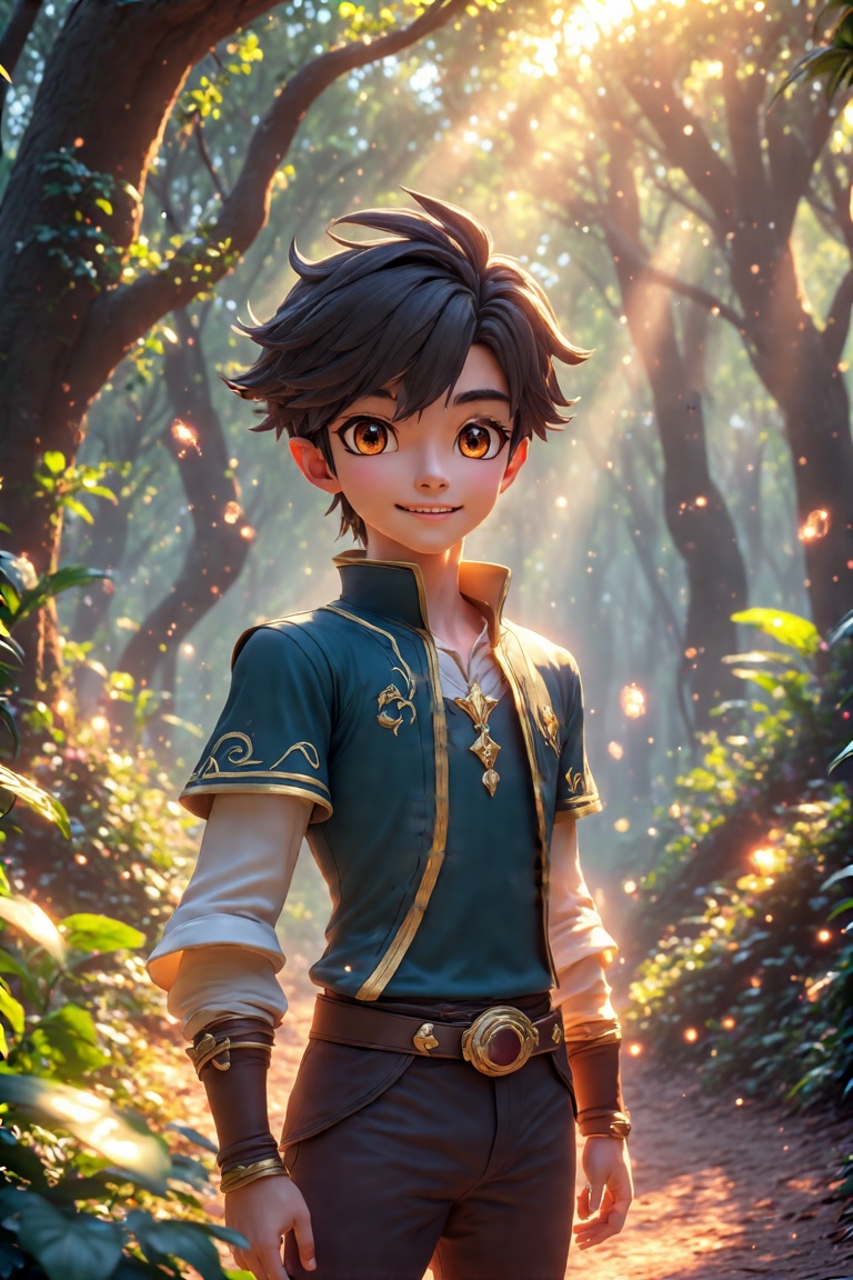 A young hero with vibrant,  big anime eyes and expressive features stands in a lush,  glowing forest filled with fantastic...