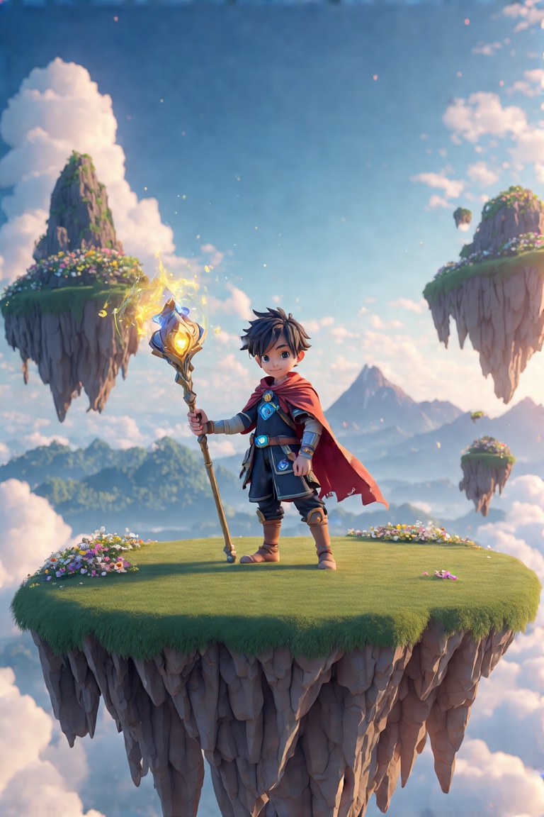An adventurous young character wearing a cape and holding a magical staff stands on the edge of a floating island high in...