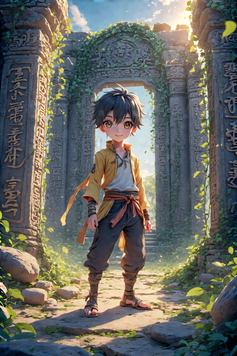 A curious anime-styled character with expressive features and large eyes explores the ruins of a mystical temple,  overgro...