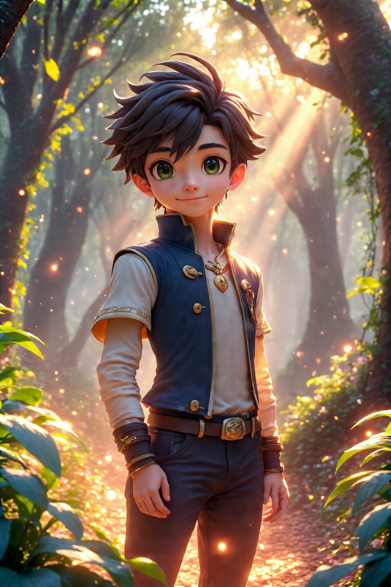 A young hero with vibrant,  big anime eyes and expressive features stands in a lush,  glowing forest filled with fantastic...