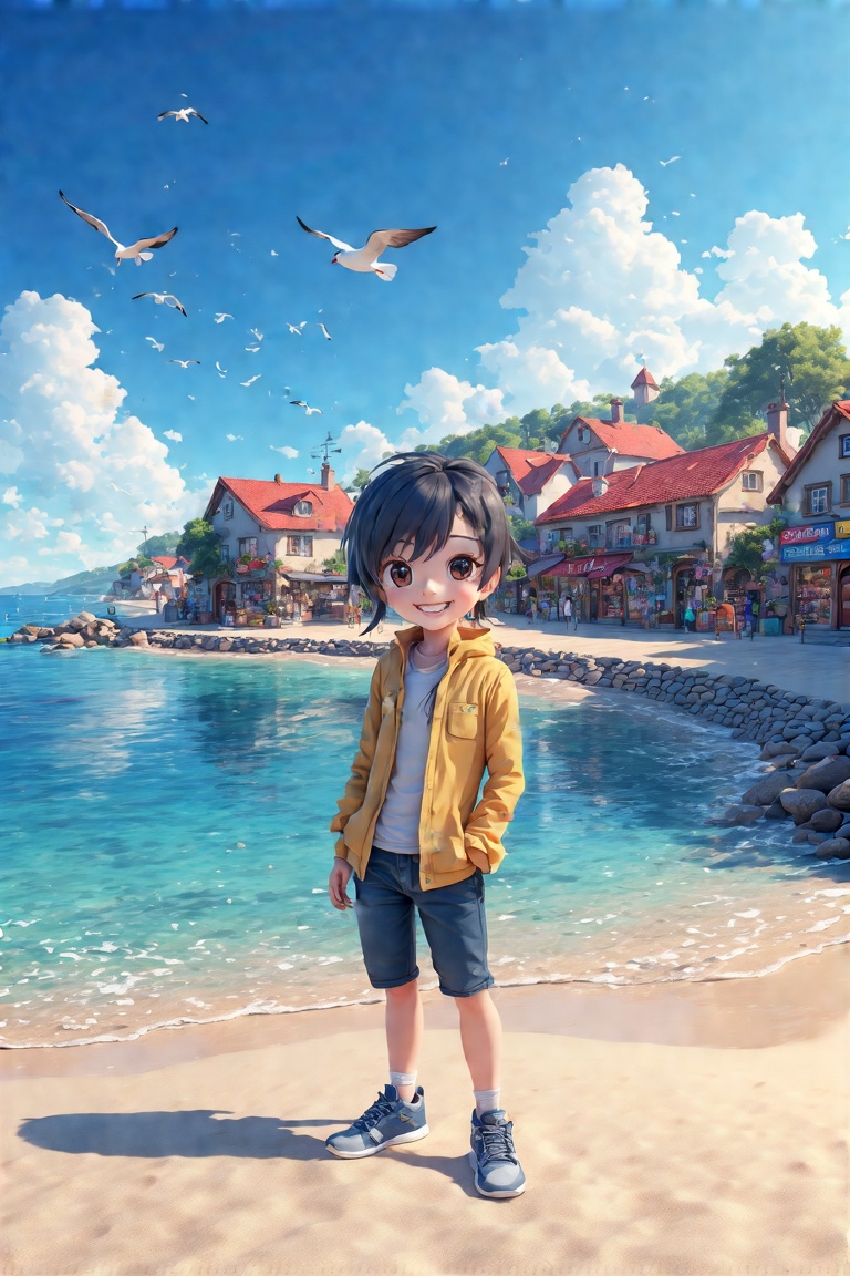 A cheerful protagonist with a cartoonish,  rounded face and large eyes stands on a sunny,  sandy shore on Tensor.Art
