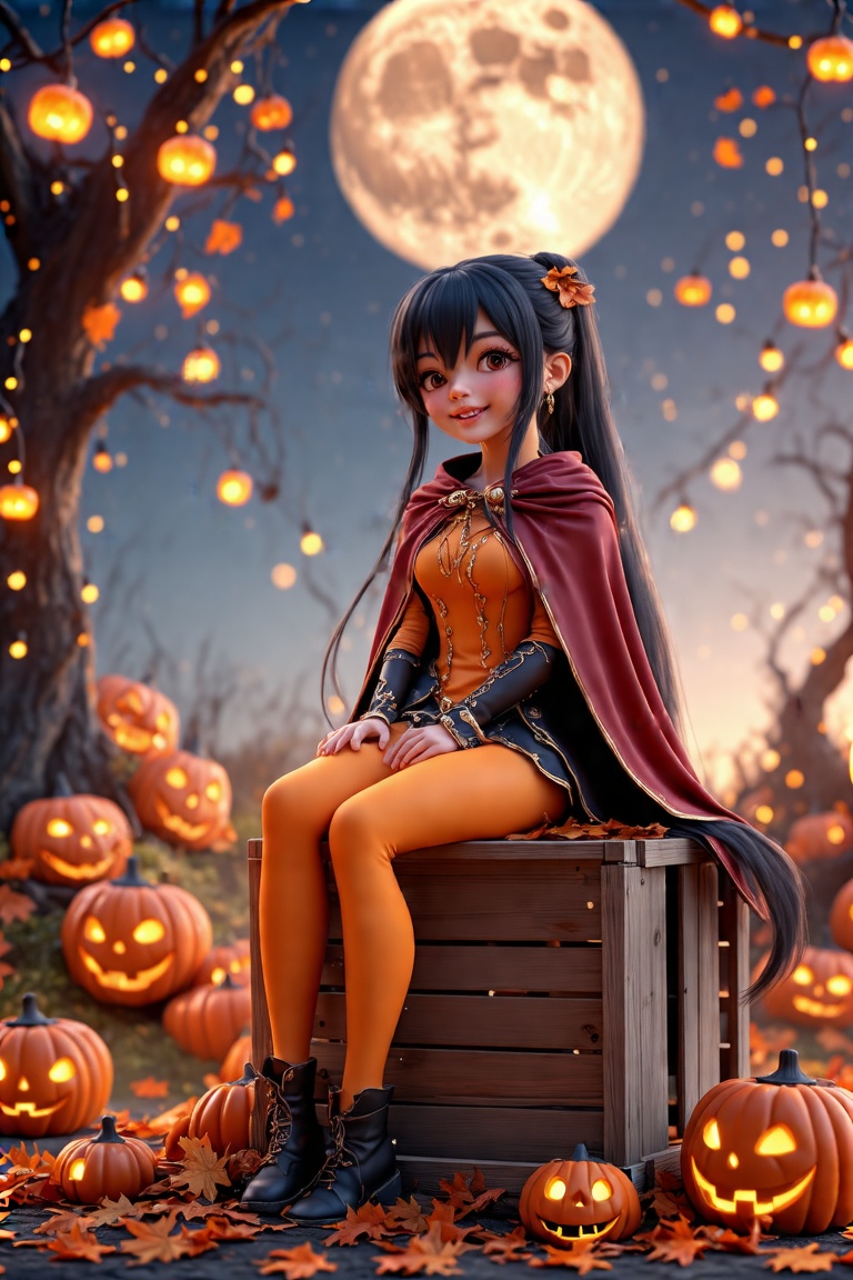 A whimsical 3D animated pumpkin girl sits atop a worn wooden crate amidst autumnal leaves,  surrounded by glowing jack-o-l...