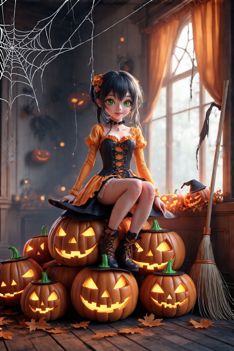 A 3D animated anime-style pumpkin girl sits atop a stack of colorful jack-o-lanterns in a dimly lit,  cobweb-covered room....