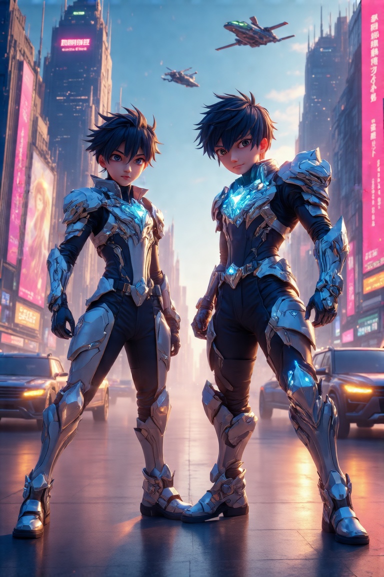 Two powerful characters in battle stance on a futuristic anime-style rooftop,  surrounded by a sprawling neon-lit cityscap...
