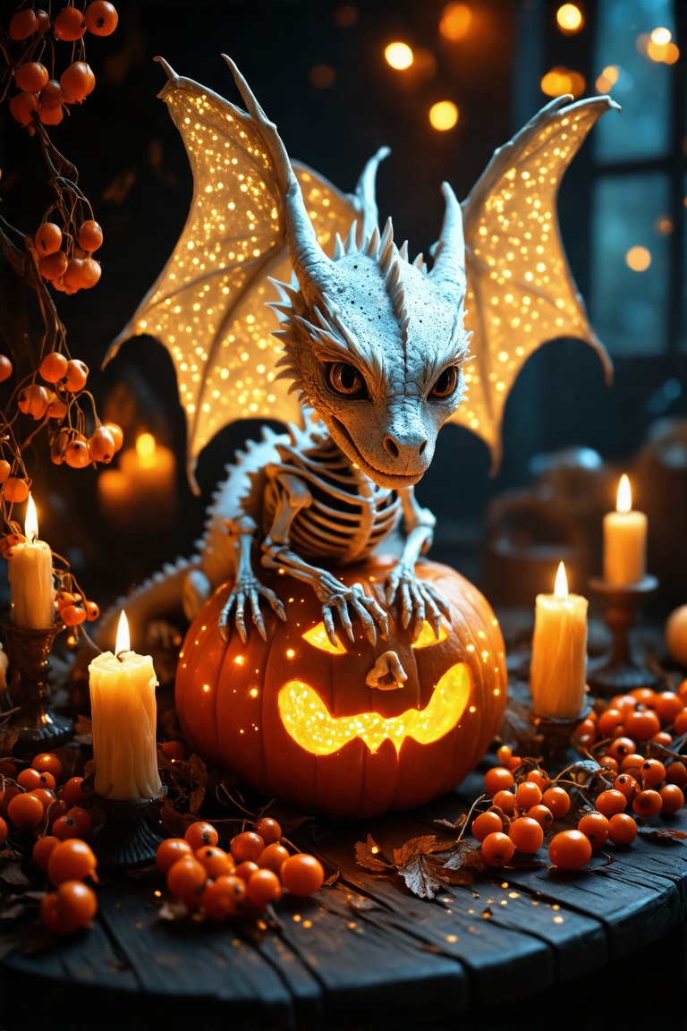 In a dimly lit,  autumnal setting with a candle and physalis on a table,  a white dragon baby creature sits atop a pumpkin...