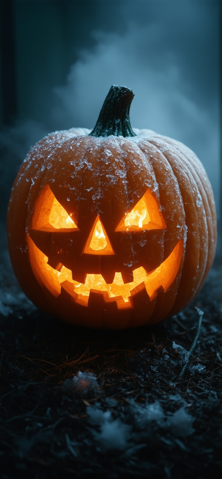 In a dreamlike realm,  an ice pumpkin stands tall,  its crystalline form glowing with an otherworldly light amidst eerie f...