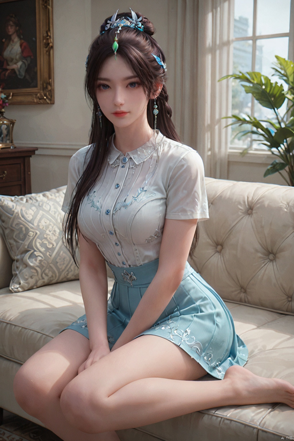 score_9_up,score_8_up,score_7_up,(Best quality, masterpiece, 4K),1girl, solo, long hair, breasts,( white short sleeve shirt:1.3 ),(skirt:1.3) ,indoor,looking at viewer, blue eyes, black hair,hair bun, lips,breasts, sitting,couch,barefoot,YQX,hair ornament,