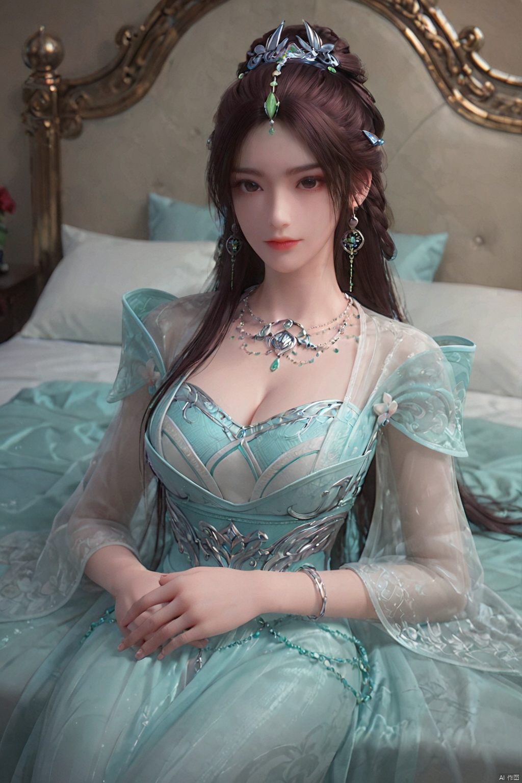 score_9_up,score_8_up,score_7_up,1girl, ,solo,long hair,black hair,big breasts,looking at viewer,on_stomach,bed,,YQX,necklace,earrings,jewelry,hair ornament
