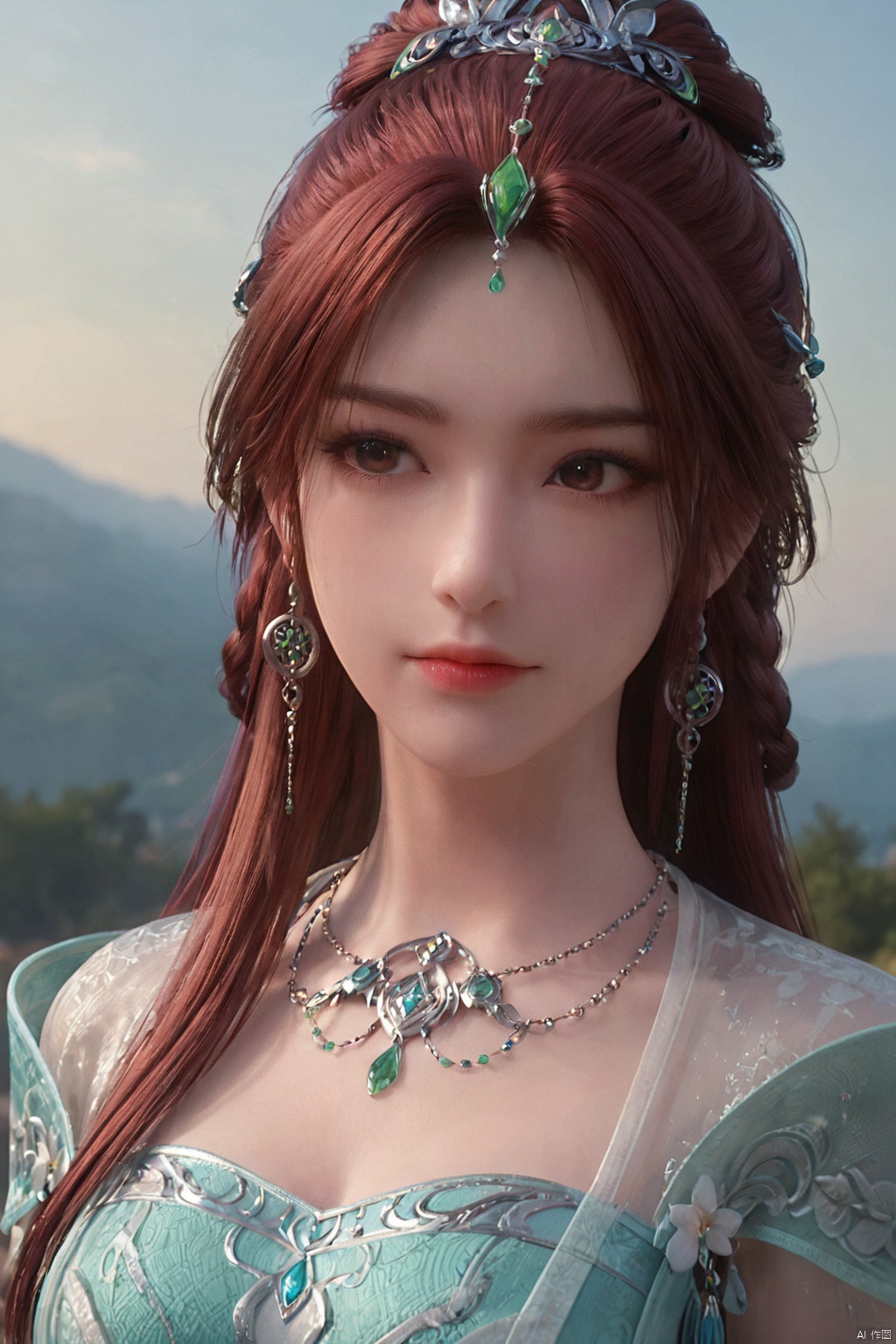 score_9_up,score_8_up,score_7_up,(Best quality, masterpiece, 4K),1girl, solo, long hair, brown hair, hair ornament, dress, brown eyes, jewelry, closed mouth, upper body, braid, red hair, earrings, necklace, looking to the side, portrait, realistic,YQX,white background