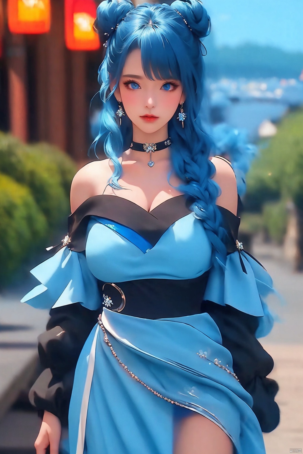 1girl
solo
long hair
breasts
looking at viewer
bangs
blue eyes
large breasts
long sleeves
dress
cleavage
bare shoulders
jewelry
blue hair
standing
earrings
outdoors
choker
artist name
medium hair
off shoulder
hair bun
blurry
lips
double bun
no panties
blurry background
blue dress
watermark
black choker
side slit



