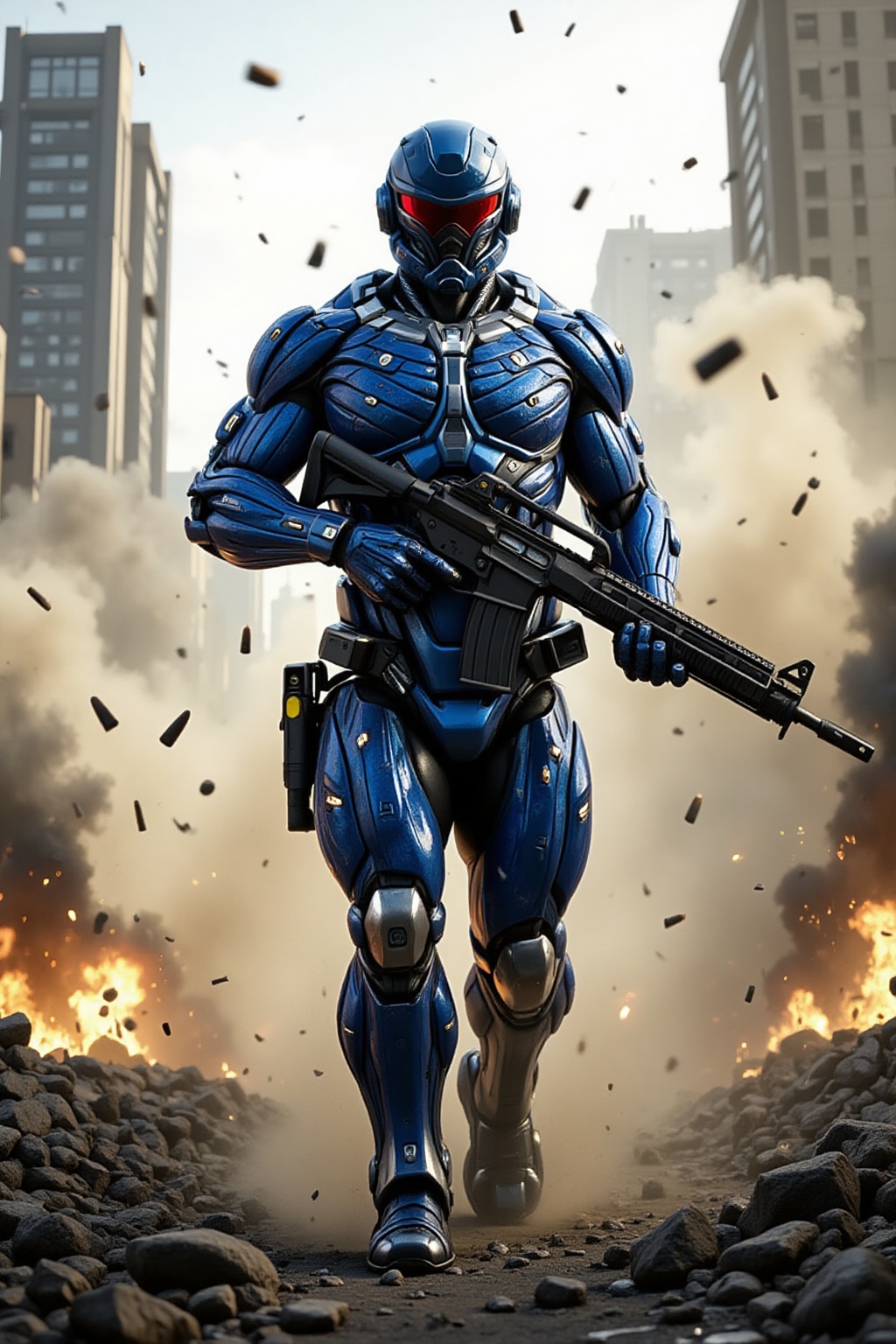 A cinematic masterpiece unfolds: a blue metallic armored soldier holding futuristic M16 weapon,  running in the middle of...