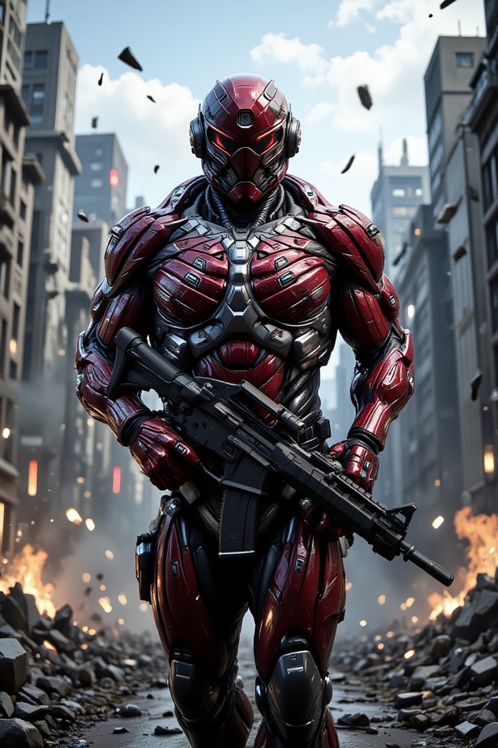 side view In a frame-filling composition,  a gleaming red-black armored soldier with intricate black nano patterns muscles...