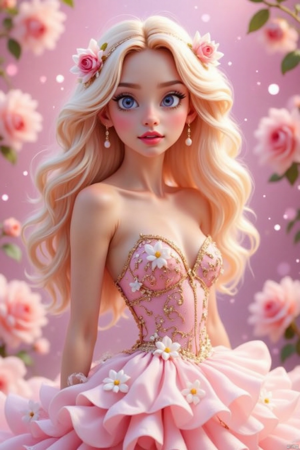  Disney anime style,a barbie doll stands in front of a backdrop of pink roses and white stars. The barbie is ,wearing a pink strapless dress adorned with gold and white flowers. She has long,wavy blonde hair that cascades over her shoulders. Her eyes are a piercing blue
