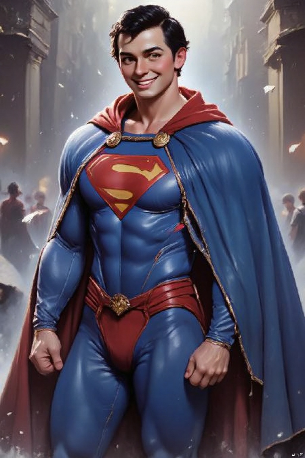 The American comic style of the last century,a medium-sized portrait of a superhero,dressed in a blue and red cape,adorned with a gold belt. The cape is draped over his shoulders