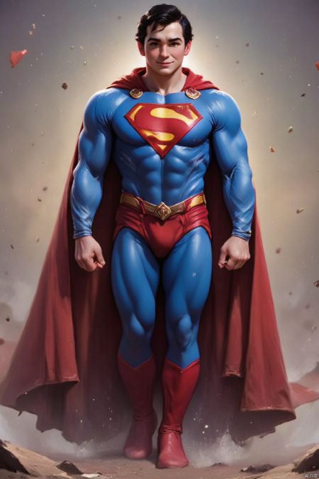 The American comic style of the last century,a medium-sized portrait of a superhero,dressed in a blue and red cape,adorned with a gold belt. The cape is draped over his shoulders