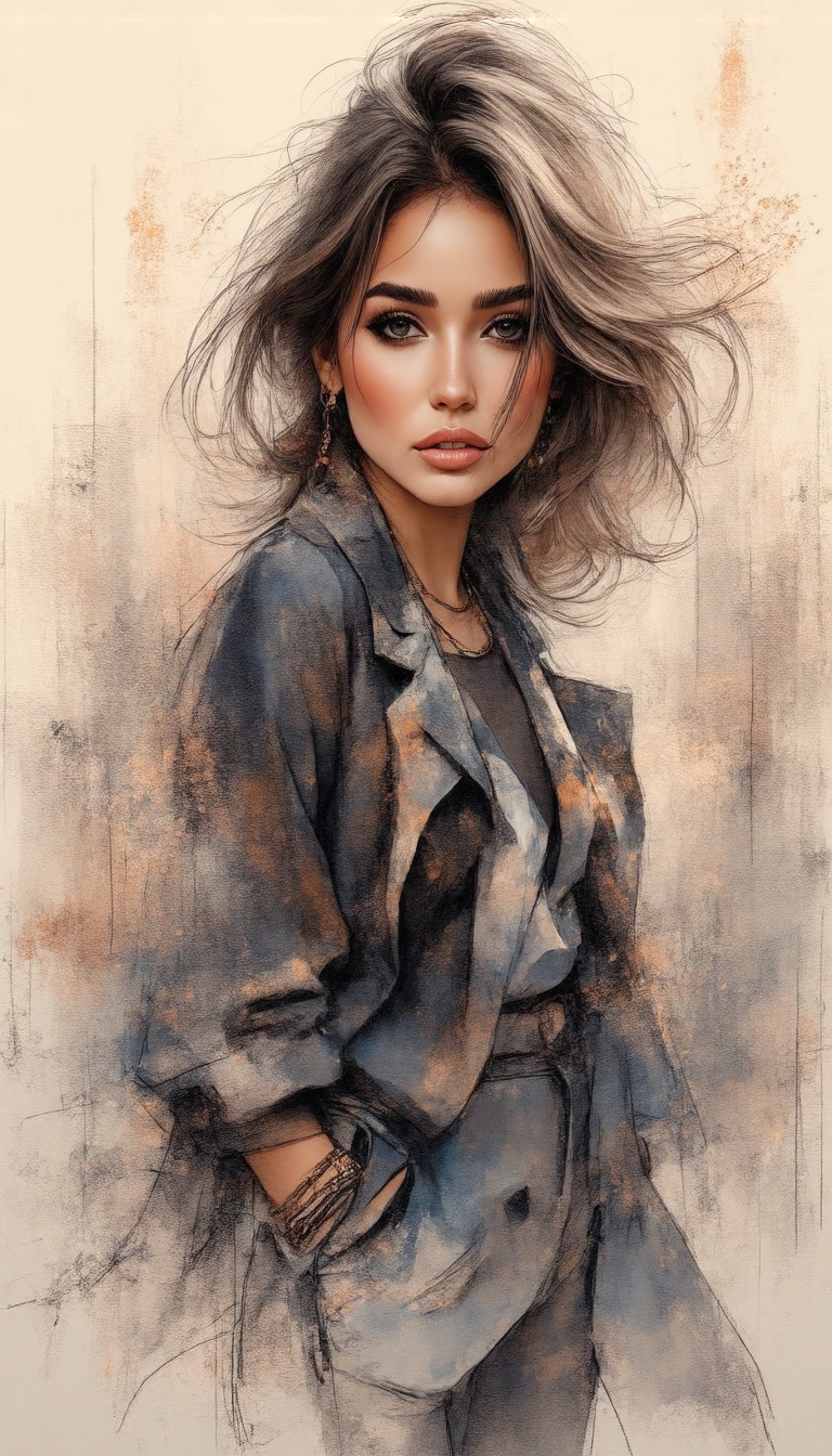 (Your ultimate goal should be to achieve a result that looks like a rough sketch.) The woman you are drawing has a modern...