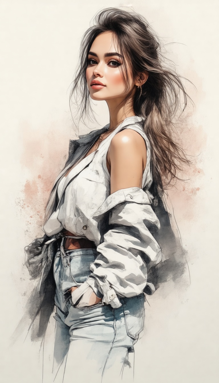 (Your ultimate goal should be to achieve a result that looks like a rough sketch.) The woman you are drawing has a modern...