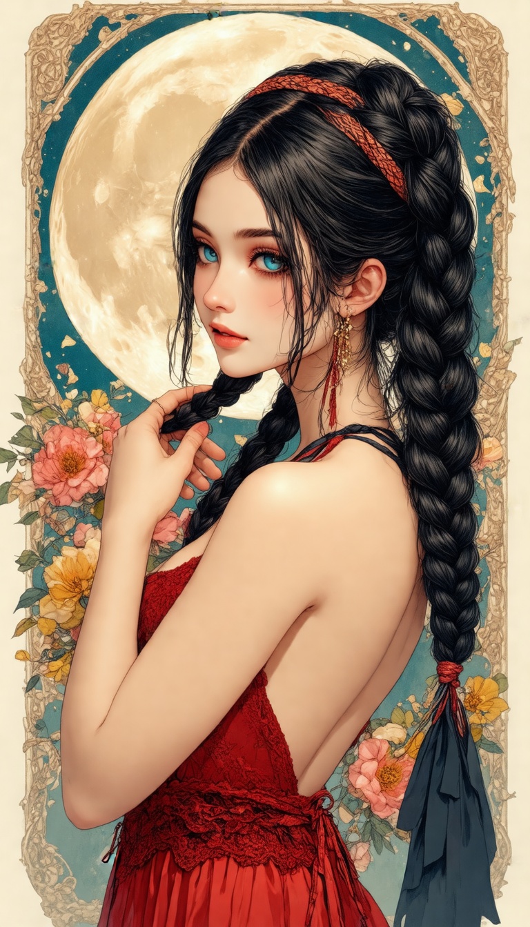 An illustration of a very beautiful woman with long braided black hair,  tying up several strands of hair and gently placi...