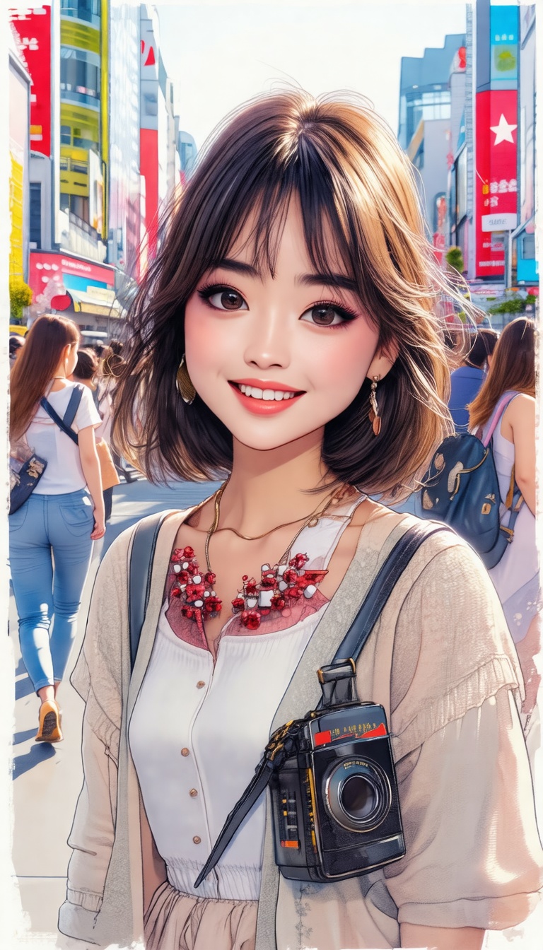 I drew a cute young Taiwanese woman with big eyes and a landmine-style makeup. She is slim and light-footed,  and in glamo...