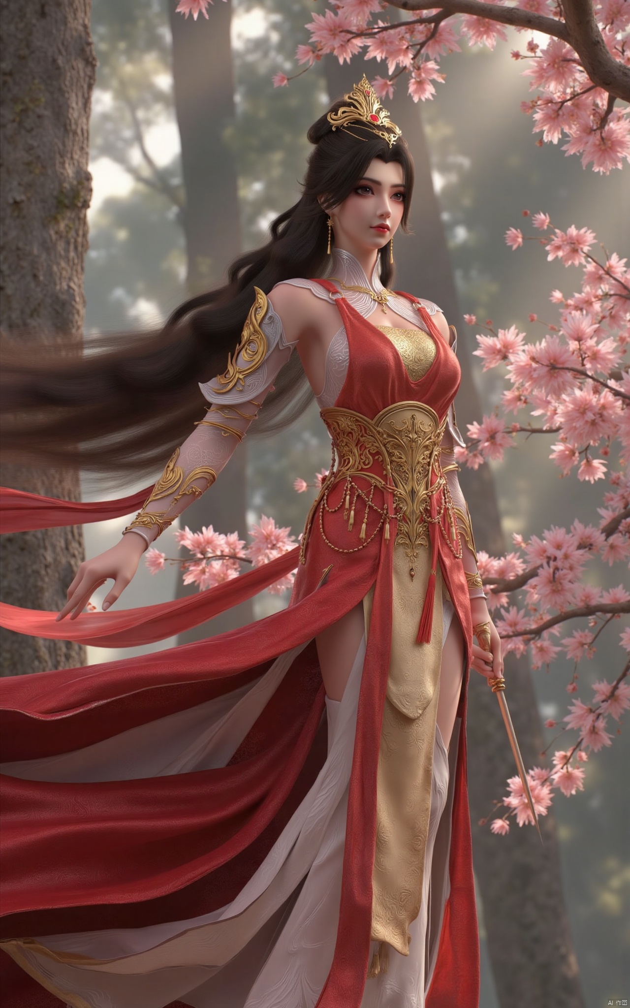  masterpiece,1girl,long hair,(flower:1.5),full_body,hair ornament,chinese clothes,(red dress:1.39),black eyes,long sleeves,holding,holding flower,,hanfu dress,,looking at viewer,(huge breasts:2.39),Xzhaoliner