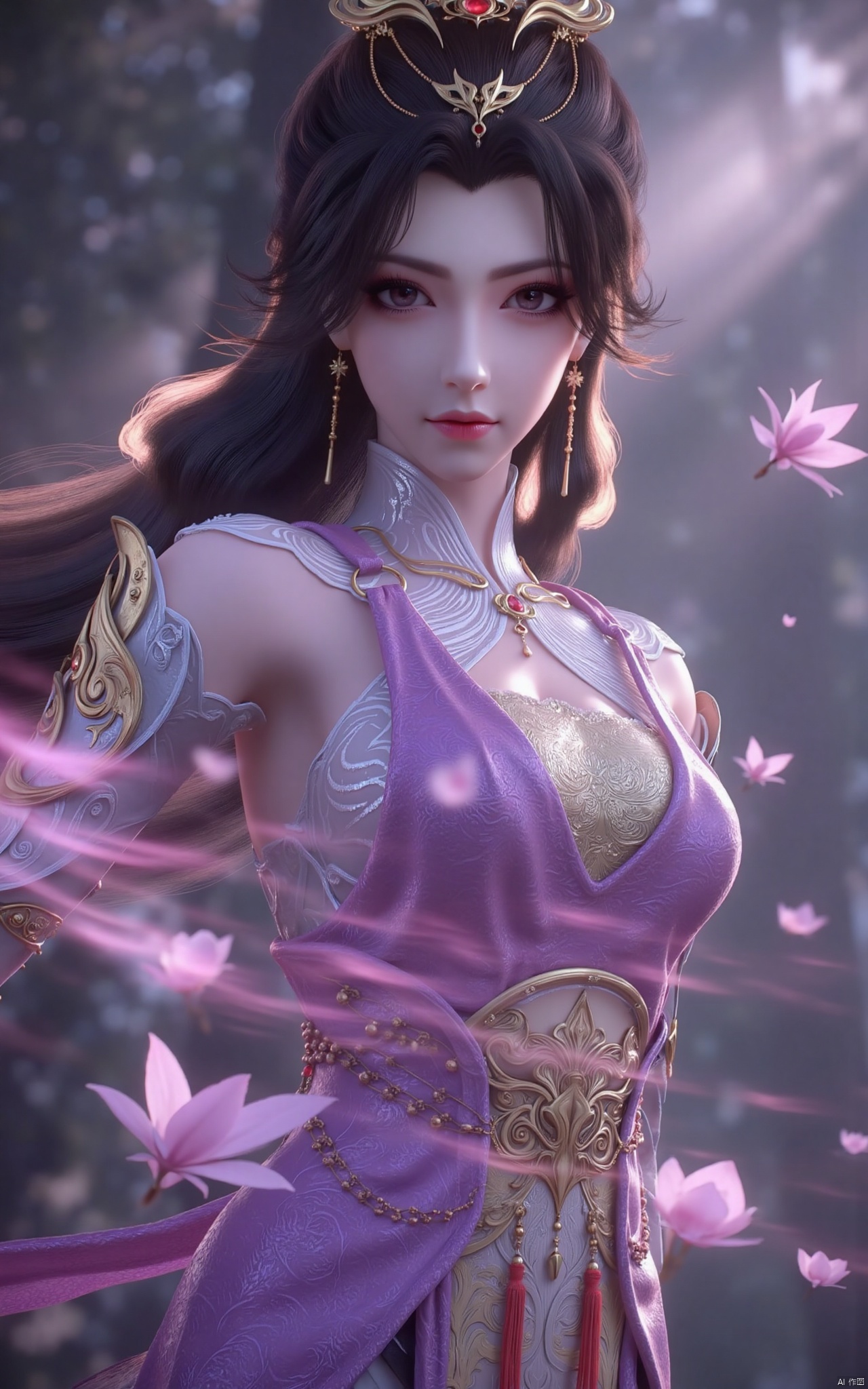  masterpiece,1girl,long hair,(flower:1.5),full_body,hair ornament,chinese clothes,(light purple dress:1.39),black eyes,long sleeves,holding,holding flower,,hanfu dress,,looking at viewer,(huge breasts:1.99),Xzhaoliner