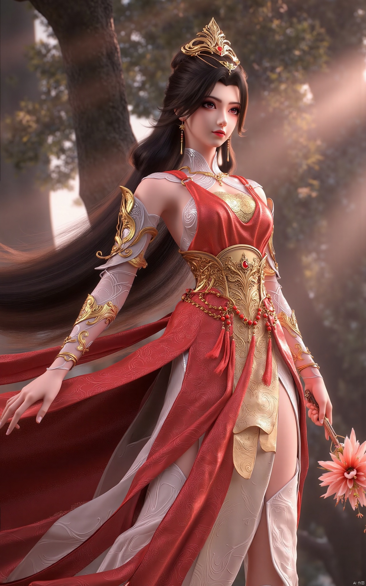  masterpiece,1girl,long hair,(flower:1.5),full_body,hair ornament,chinese clothes,(red dress:1.39),black eyes,long sleeves,holding,holding flower,,hanfu dress,,looking at viewer,(huge breasts:1.99),Xzhaoliner