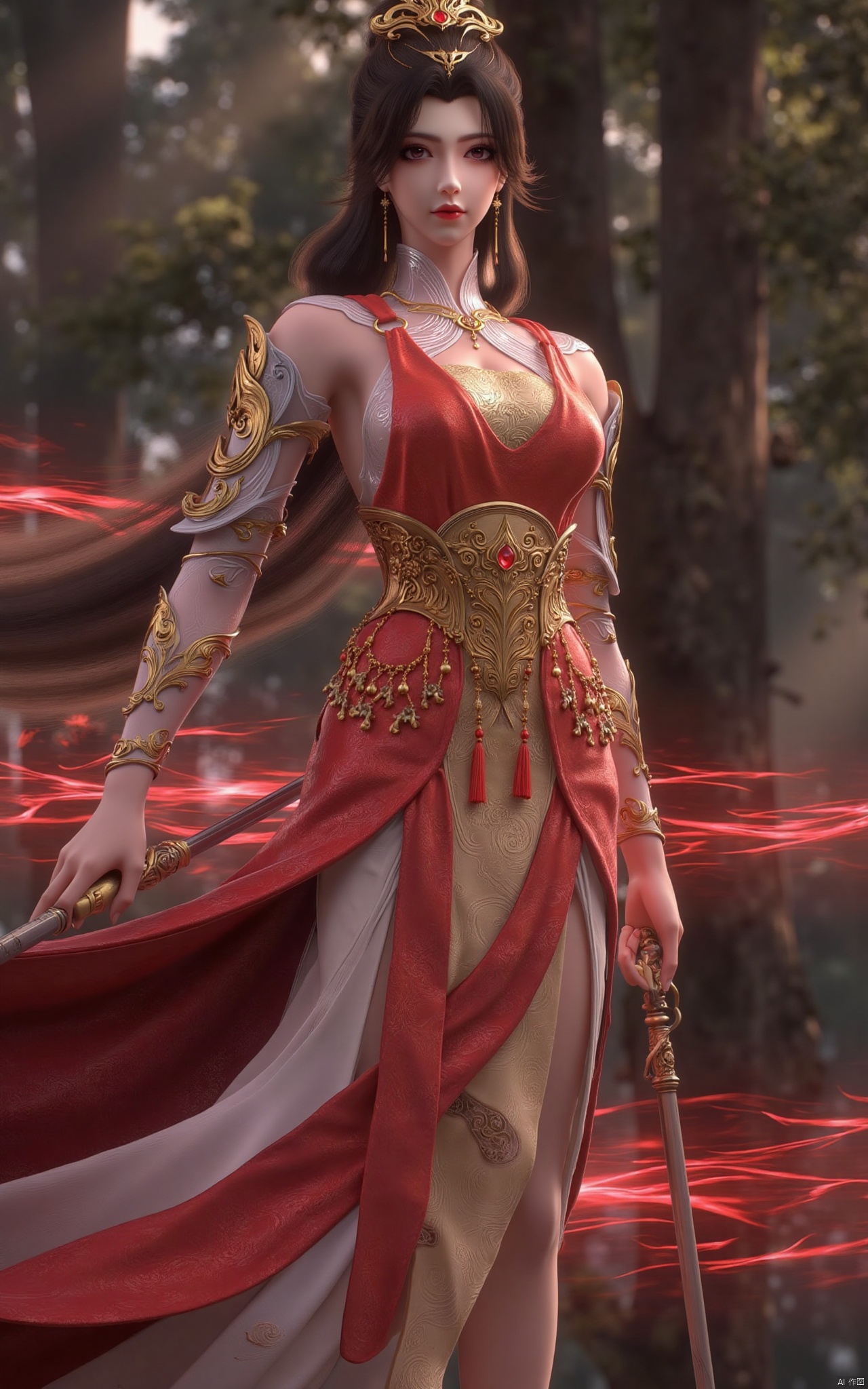  masterpiece,1girl,long hair,(flower:1.5),full_body,hair ornament,chinese clothes,(red dress:1.39),black eyes,long sleeves,holding,holding flower,,hanfu dress,,looking at viewer,(huge breasts:2.39),Xzhaoliner