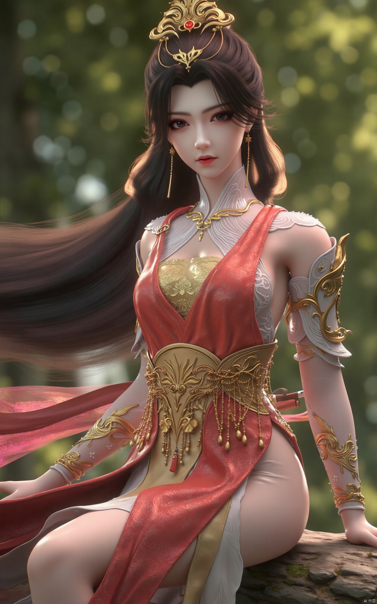  masterpiece,1girl,long hair,(sitting:1.3),chinese clothes,(red dress:1.39),black eyes,beautiful face,short sleeves,holding,holding flower,,hanfu dress,,looking at viewer,(huge breasts:2.59),Xzhaoliner,(Lotus pond, lotus:1.29)