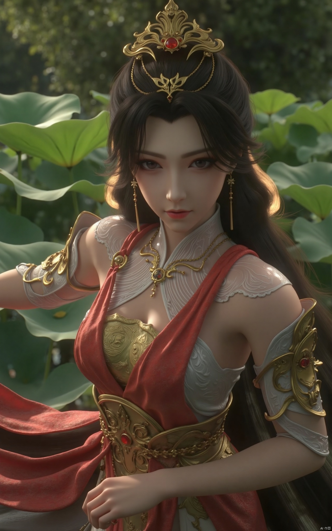  masterpiece,1girl,long hair,(Sitting by the lotus pond in the garden:1.3),chinese clothes,(red dress:1.39),black eyes,beautiful face,short sleeves,holding,holding flower,,hanfu dress,,looking at viewer,(huge breasts:2.59),(full breasts:1.99),Xzhaoliner,(Lotus pond, lotus:1.52)