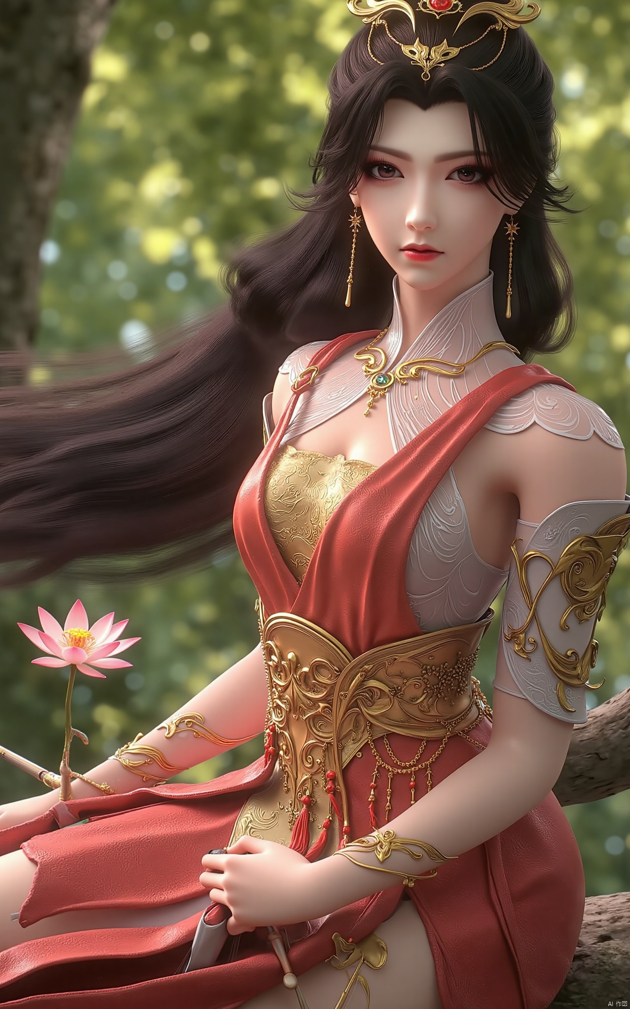  masterpiece,1girl,long hair,(sitting:1.3),chinese clothes,(red dress:1.39),black eyes,beautiful face,short sleeves,holding,holding flower,,hanfu dress,,looking at viewer,(huge breasts:2.59),Xzhaoliner,(Lotus pond, lotus:1.29)