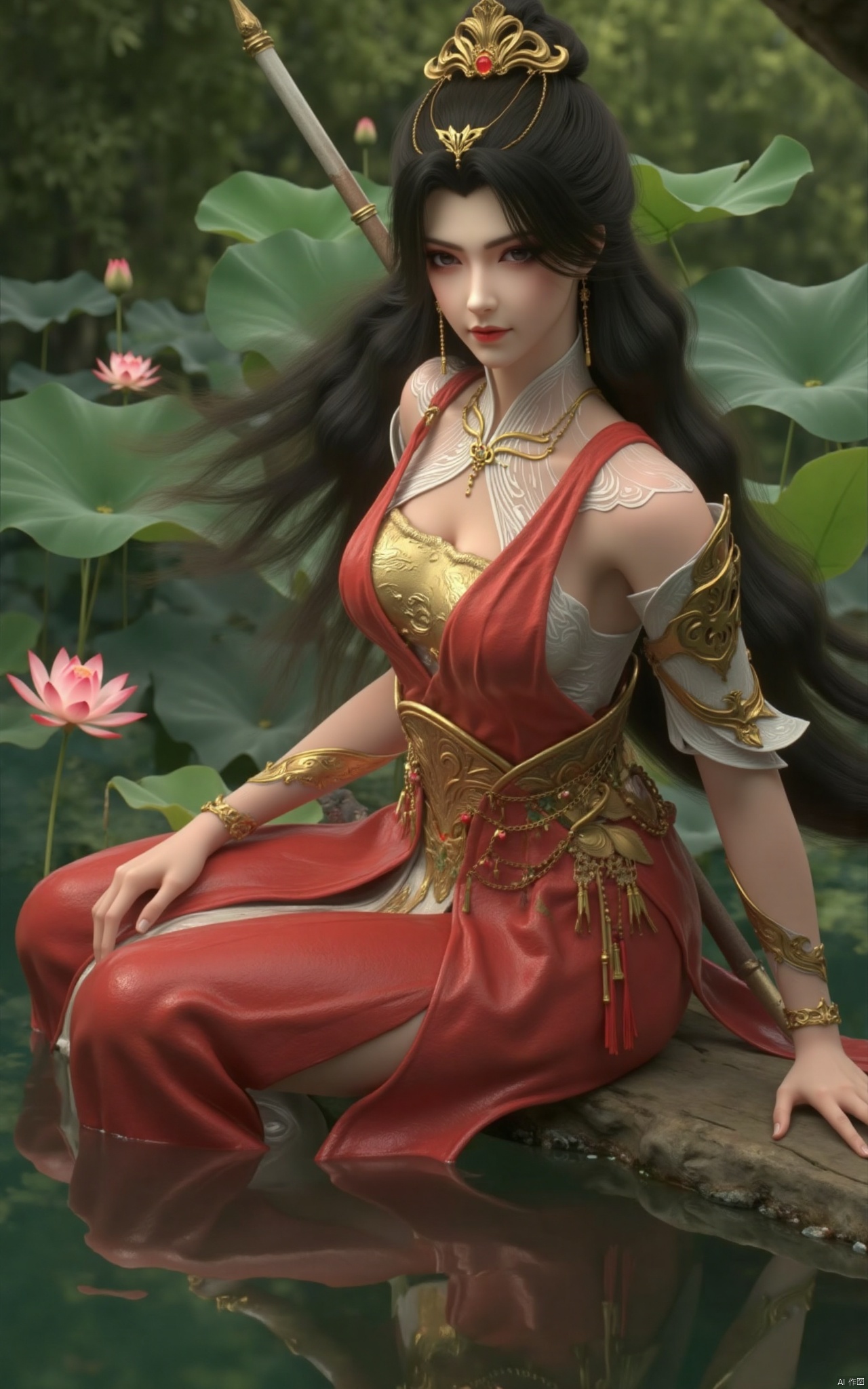  masterpiece,1girl,long hair,(Sitting by the lotus pond in the garden:1.3),chinese clothes,(red dress:1.39),black eyes,beautiful face,short sleeves,holding,holding flower,,hanfu dress,,looking at viewer,(huge breasts:2.59),(full breasts:1.99),Xzhaoliner,(Lotus pond, lotus:1.52)