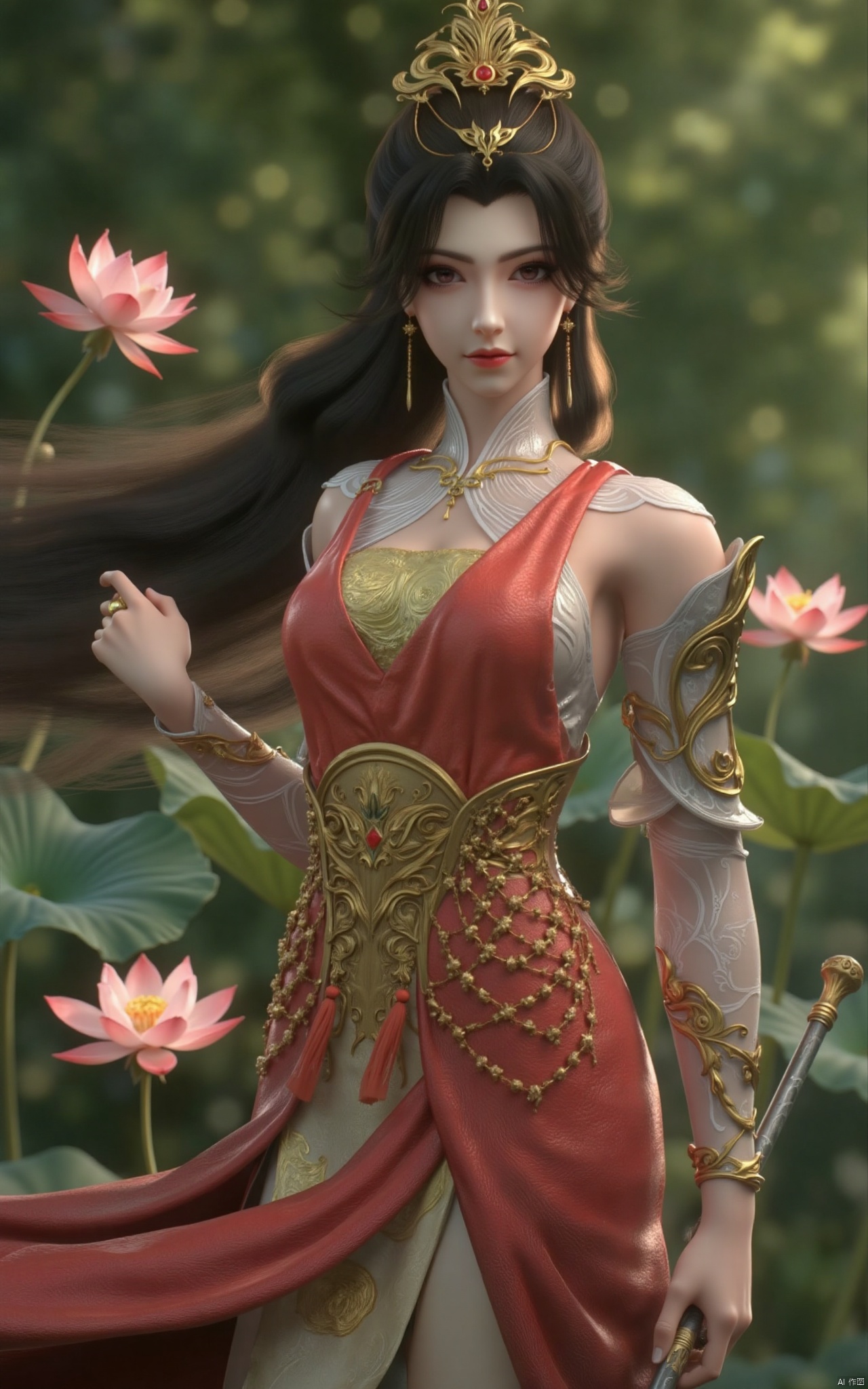  masterpiece,1girl,long hair,(flower:1.5),chinese clothes,(red dress:1.39),black eyes,beautiful face,short sleeves,holding,holding flower,,hanfu dress,,looking at viewer,(huge breasts:2.59),Xzhaoliner,(Lotus pond, lotus:1.29)