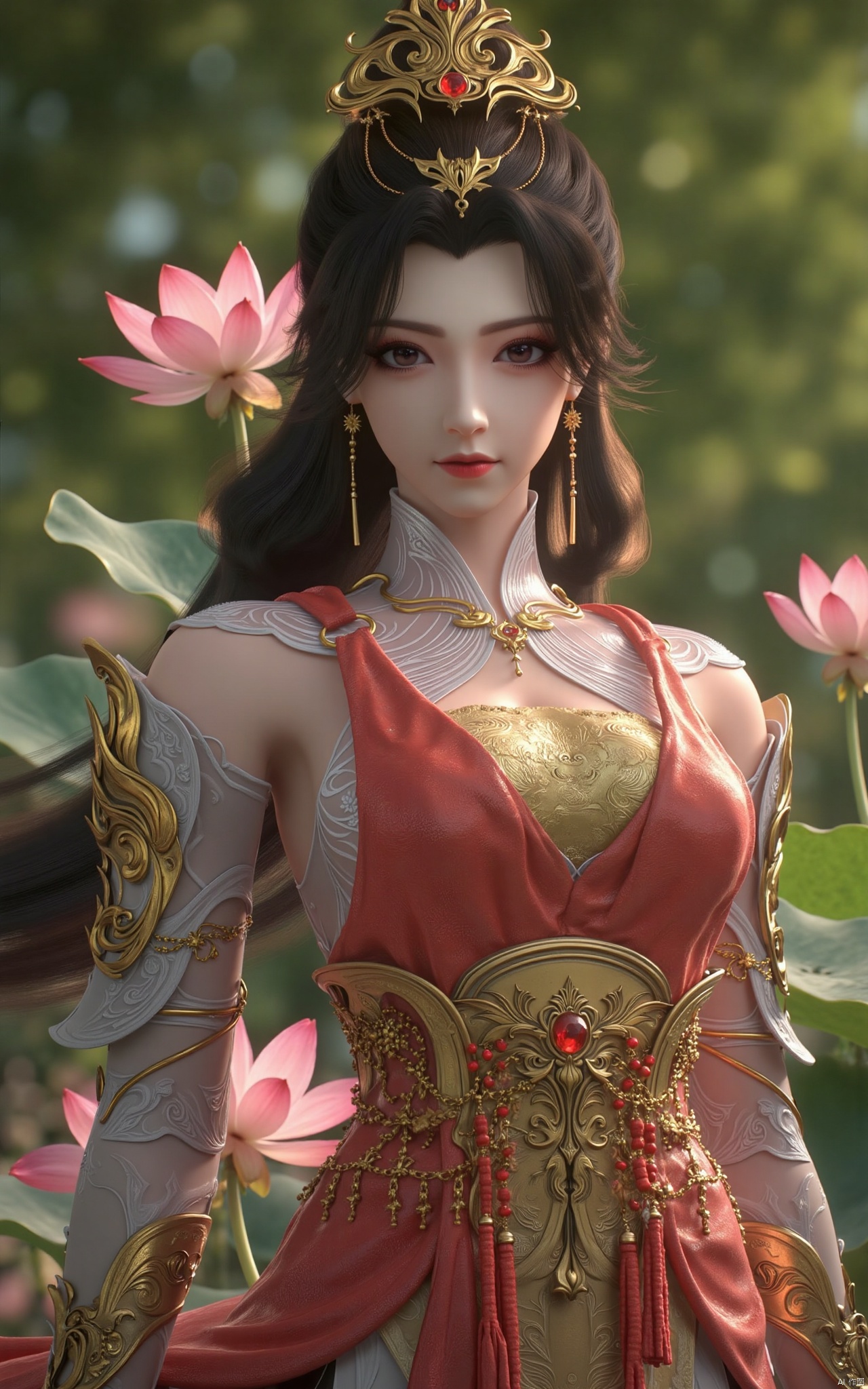  masterpiece,1girl,long hair,(flower:1.5),chinese clothes,(red dress:1.39),black eyes,beautiful face,short sleeves,holding,holding flower,,hanfu dress,,looking at viewer,(huge breasts:2.59),Xzhaoliner,(Lotus pond, lotus:1.29)